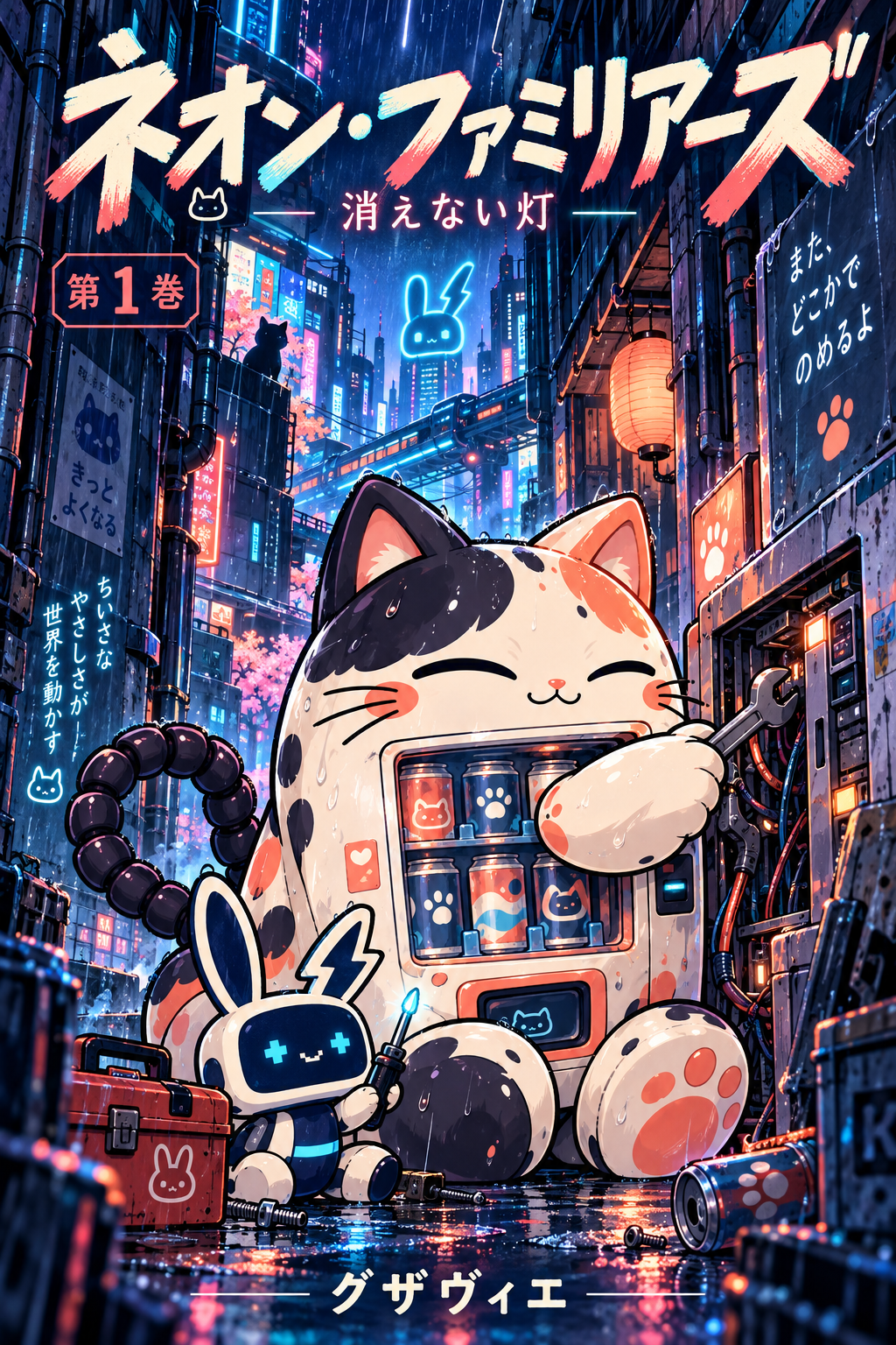 Neon Familiars, Moka and Bip in a glowing alley